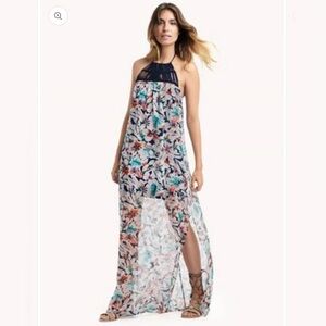 tropical floral print complements the breezy feel of this chiffon maxi dress